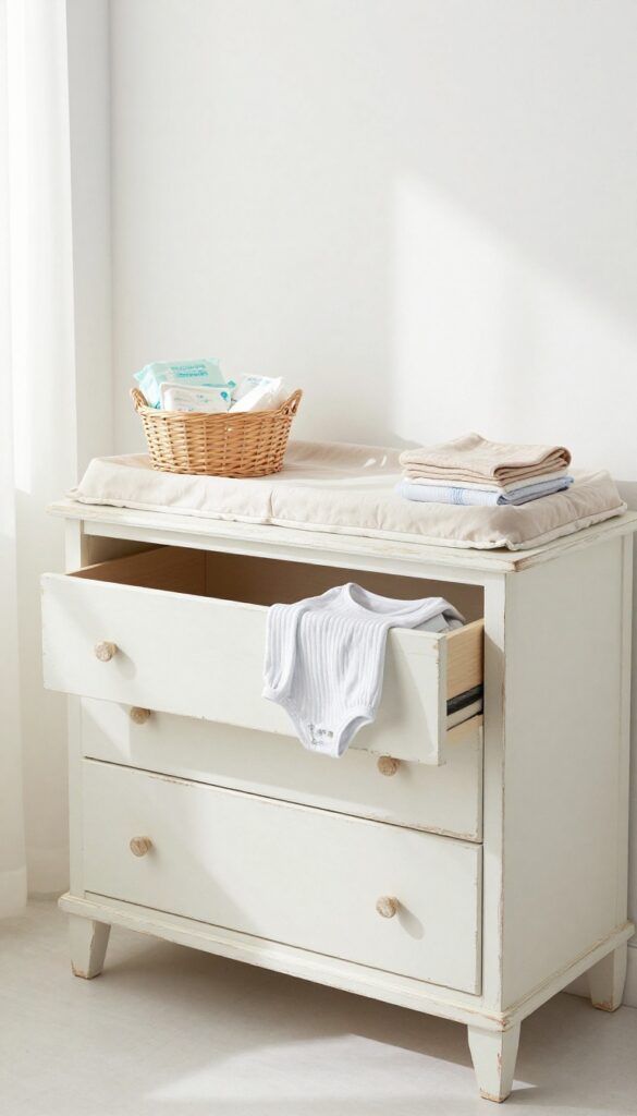 Vintage wooden dresser with chipped paint used as a changing table in a bright nursery, with changing pad and basket of diapers on top.
