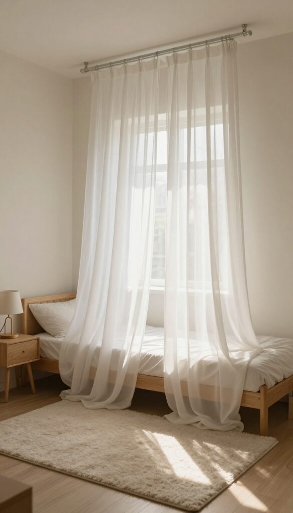 Cozy small bedroom with sheer curtain canopy over bed, soft natural light, airy and dreamy atmosphere