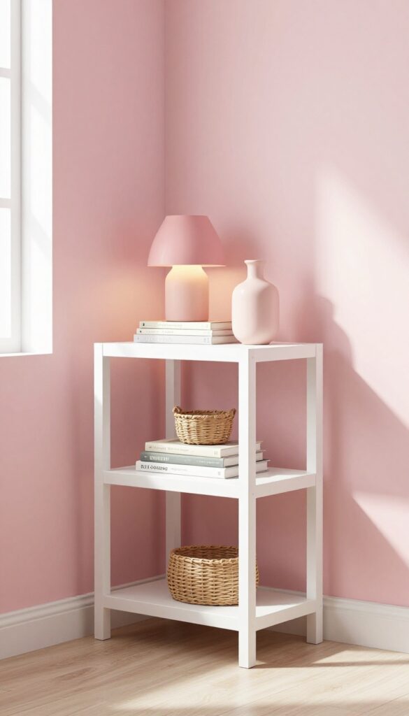 Pink lampshade on a multi-tiered shelf in a bright bedroom with pastel pink wall and natural light.