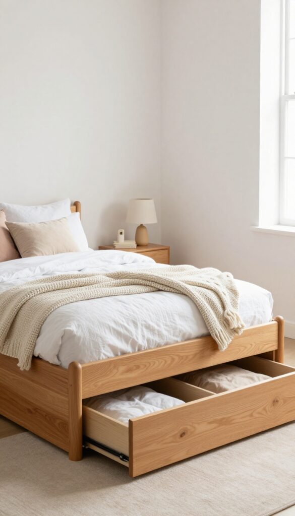 Trundle bed with pull-out storage drawer in a bright kids bedroom