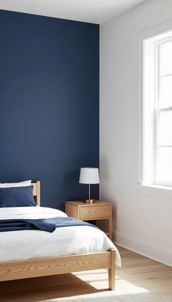 Small boy's bedroom with navy accent wall, white walls, light oak bed, natural wood nightstand, warm metallic lamp, bright natural light.