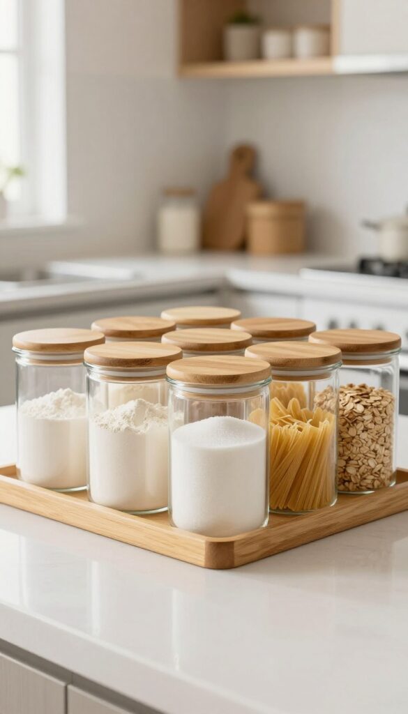 Matching glass canisters with bamboo lids on a wooden tray on a kitchen counter, filled with flour, sugar, pasta, and oats, in bright natural light.