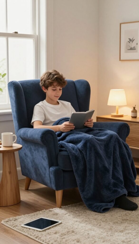 Cozy armchair reading nook with side table in teen boy's bedroom