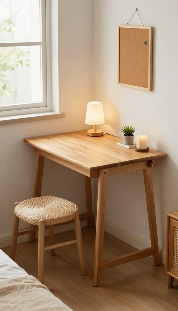 Cozy guest room with wall-mounted fold-down desk and woven stool