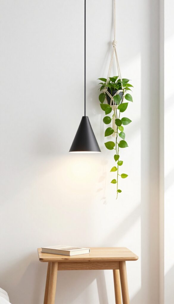 A pendant light over a bedside table doubles as a plant hanger, with a trailing pothos plant and warm light creating a cozy, clutter-free look.