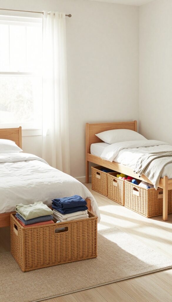 Two twin beds with under-bed storage bins labeled with names, woven fronts, and small rugs underneath, in a bright, tidy kids' bedroom.