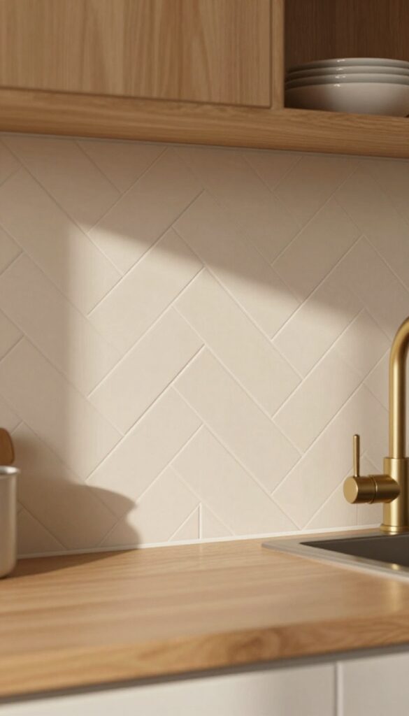 Herringbone pattern backsplash with matte finish tiles in warm beige, natural wood cabinets, brushed brass faucet, and ceramic dishes on open shelving.