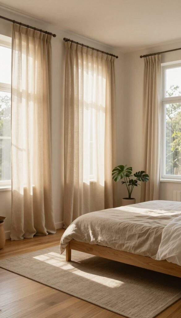 Boy's bedroom with soft linen curtains in warm earth tones, natural light, minimalist decor, cozy atmosphere.