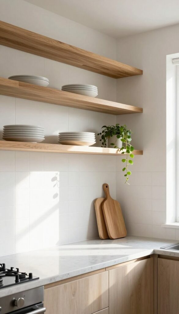 Modern kitchen with warm oak floating shelves styled with white plates, cutting board, and plant, natural light.