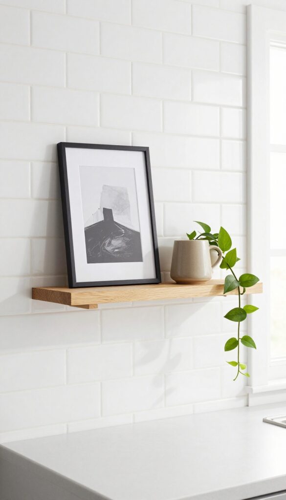 Floating shelf in a modern kitchen styled with a framed print, ceramic mug, and trailing pothos plant.
