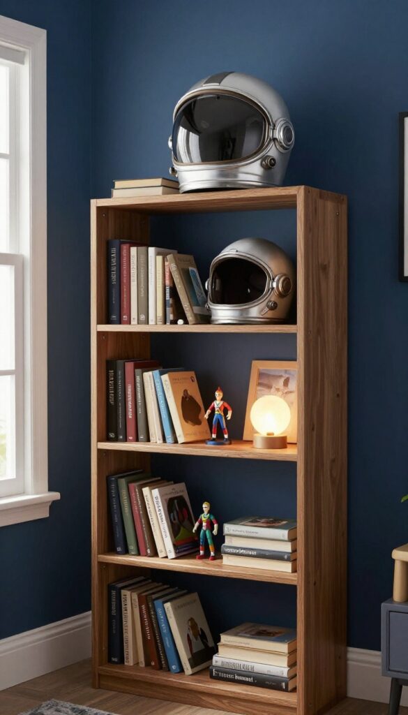 A vintage astronaut helmet bookshelf mounted on a navy blue wall, filled with books and a small action figure, glowing with warm light.