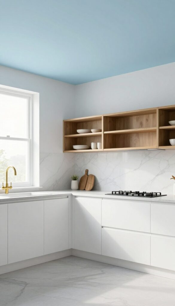 Modern single-wall kitchen with pale blue ceiling, white cabinets, wood shelves, and brass fixtures.