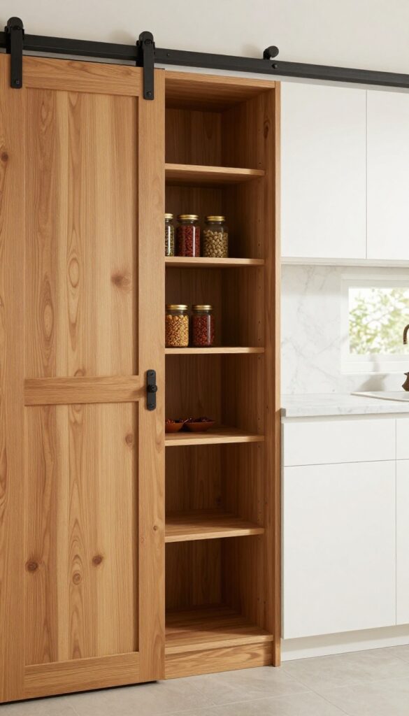 Small Indian kitchen with a sliding barn door pantry, warm wood, organized shelves, bright natural light.