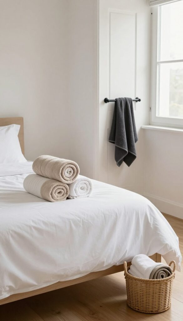 Guest room with rolled towels on bed and a towel hook behind the door