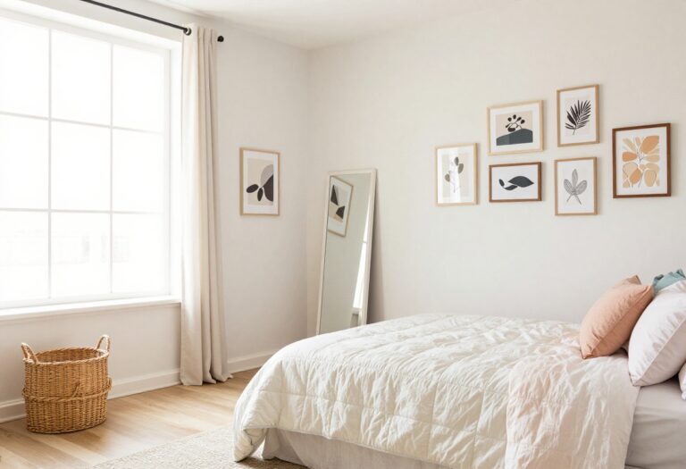 Preteen girl's bedroom with grown-up charm, featuring a quilted bed, gallery wall, and woven storage basket.