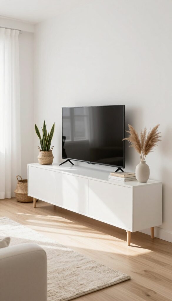 Minimalist white console with hidden storage in a bright living room