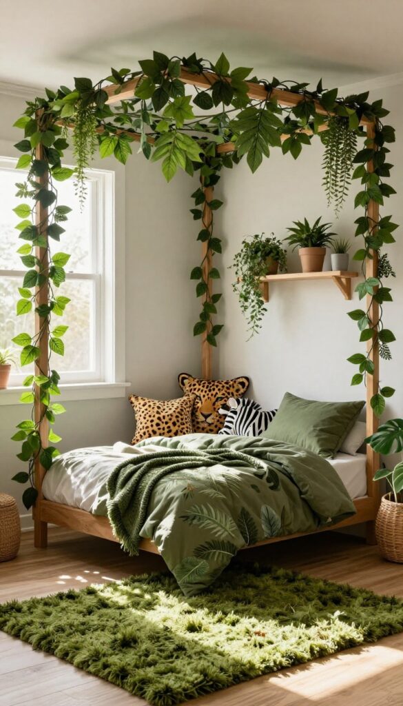 Cozy jungle explorer themed kids bedroom with leafy bedding, moss rug, animal print pillows, and faux vines in natural light.