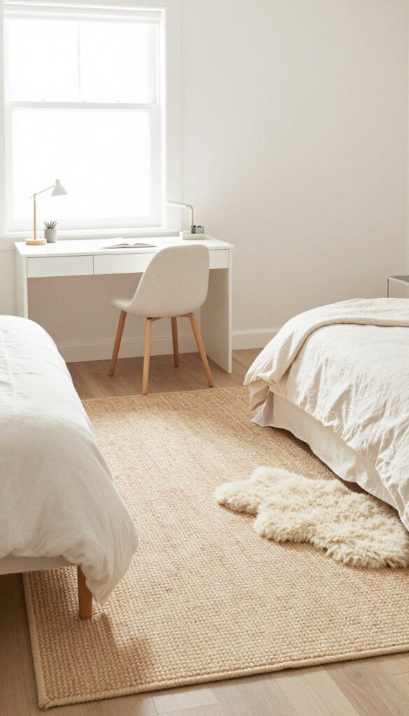Light-toned jute area rug defining work and rest zones in a guest bedroom office with desk and bed