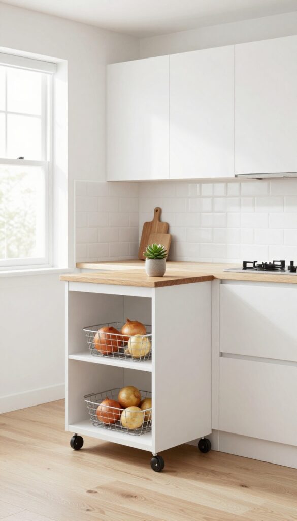 Slim white rolling cart with butcher-block top and wire baskets, partially pulled out from under counter in bright modern kitchen