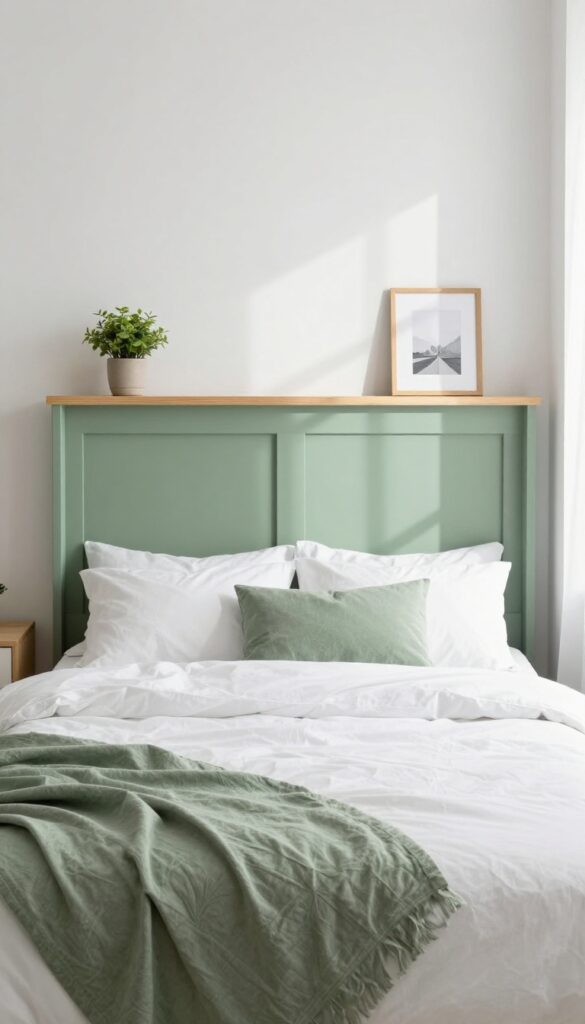 A bedroom with a DIY green headboard, white bedding, and green throw pillows, with a wooden shelf above holding a plant and print, in natural light.
