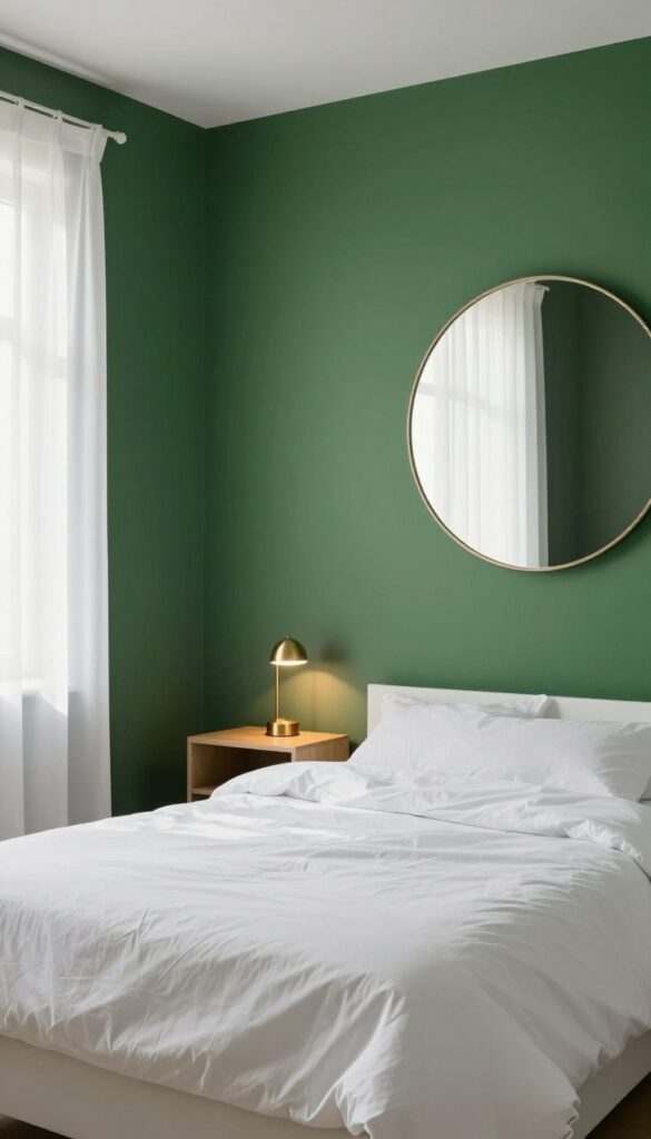 Bedroom with a deep forest green accent wall, white bed, sheer curtains, brass lamp, and light wood nightstand.