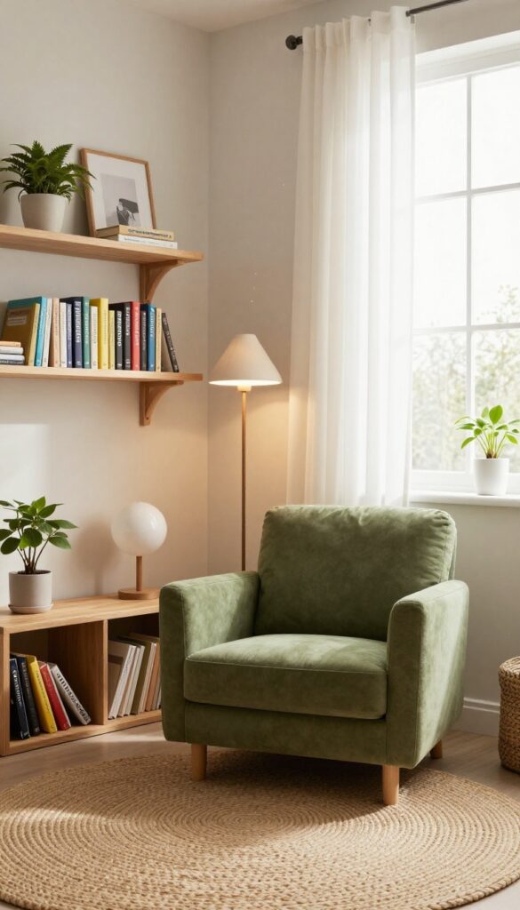 Cozy reading nook in a boy's bedroom with olive armchair, bookshelf, and warm lamp light