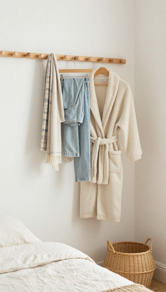 Cozy small bedroom with wooden peg rail holding daily outfit, warm natural light, clutter-free