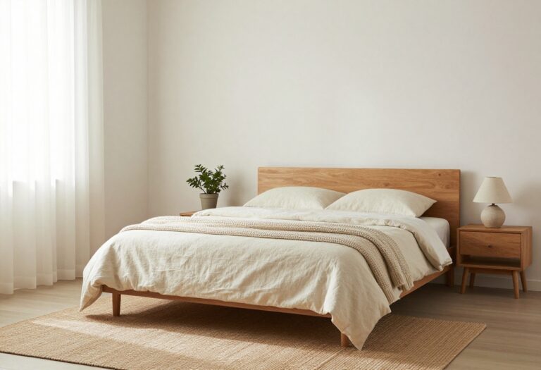 Neutral guest bedroom with warm white walls, cream bedding, jute rug, and a potted plant on a nightstand