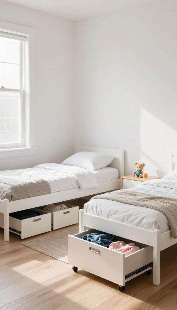 Under-bed rolling drawers storing clothes and toys in a shared kids' bedroom