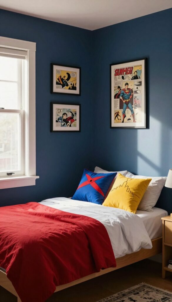 Cozy superhero-themed kids bedroom with navy wall, comic art frames, city skyline lamp, and cape pillow.