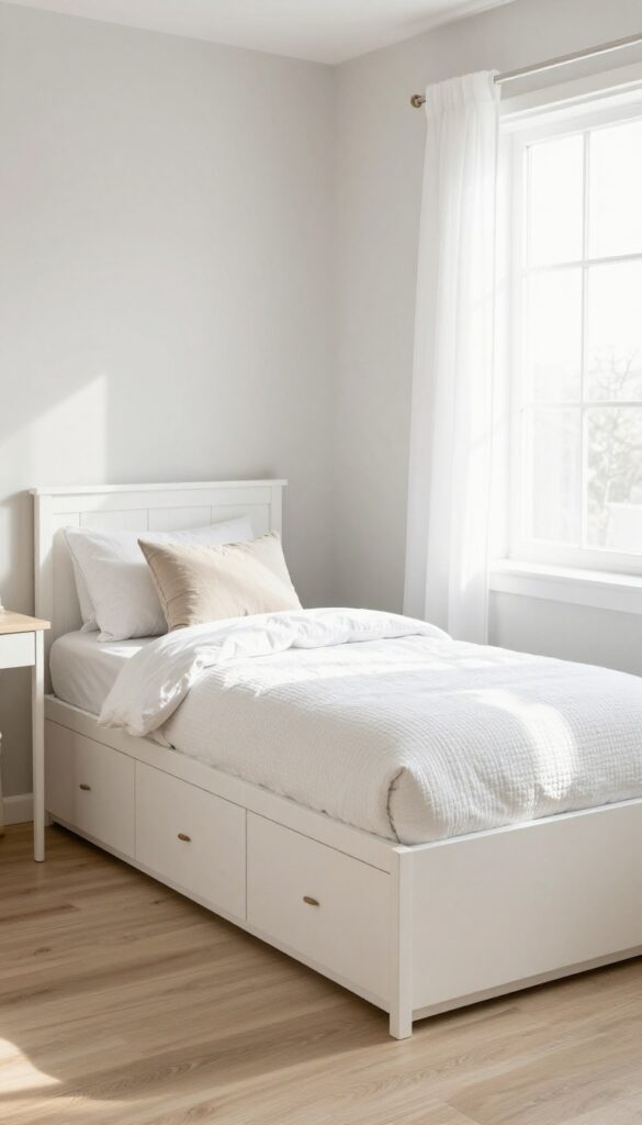Teen bedroom with a storage bed with drawers, bright natural light, clean and airy design.