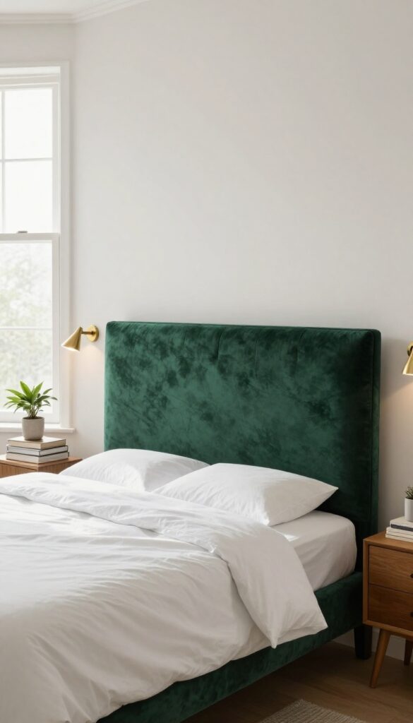 Small bedroom with emerald velvet headboard, white bedding, brass sconces, and a nightstand with books and a plant.