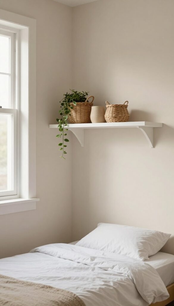 Floating shelf above bedroom door with baskets and plant, natural light