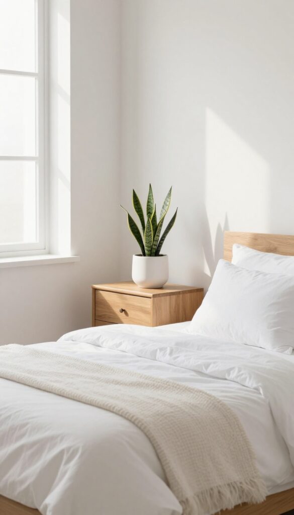 Small bedroom with a snake plant on a nightstand, natural light, neutral decor, clean and inviting atmosphere