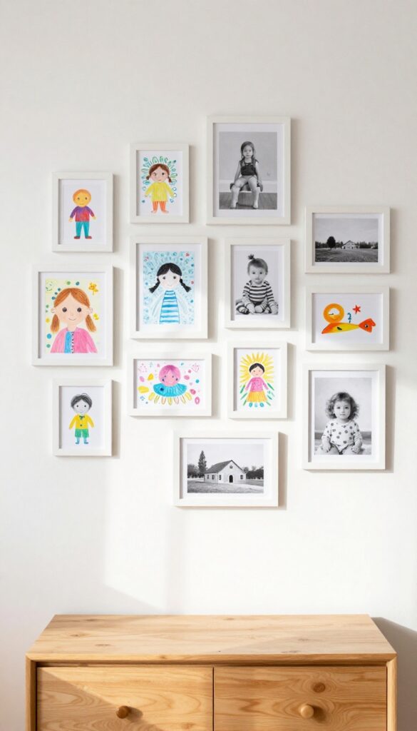 Girl's bedroom gallery wall with DIY painted thrift store frames displaying child's artwork and photos, arranged in a loose cluster above a dresser.