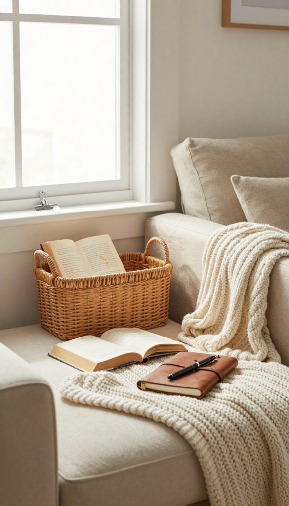 A budget-friendly book lover's welcome basket in a cozy guest room with a paperback, bookmark, notebook, pen, and knit throw.