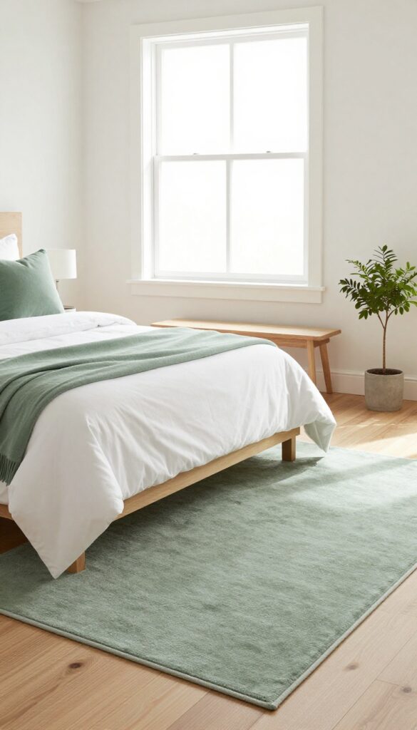 A serene bedroom with a sage green rug under a white bed, natural light, and hardwood floors.