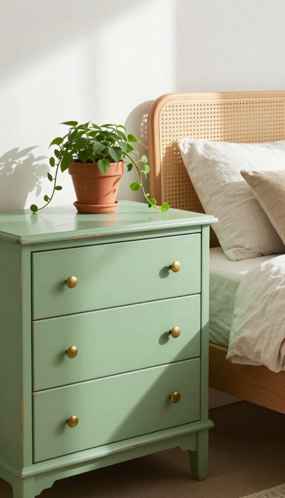 Upcycled celery green dresser with distressed edges and brass knobs, trailing plant on top, neutral linen bedding, rattan headboard, bright natural light.