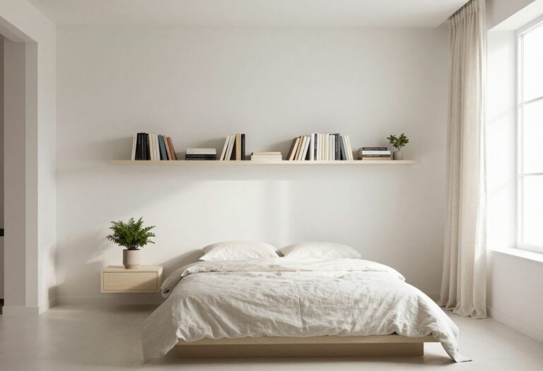 Small modern bedroom with floating shelves and wall-mounted nightstand