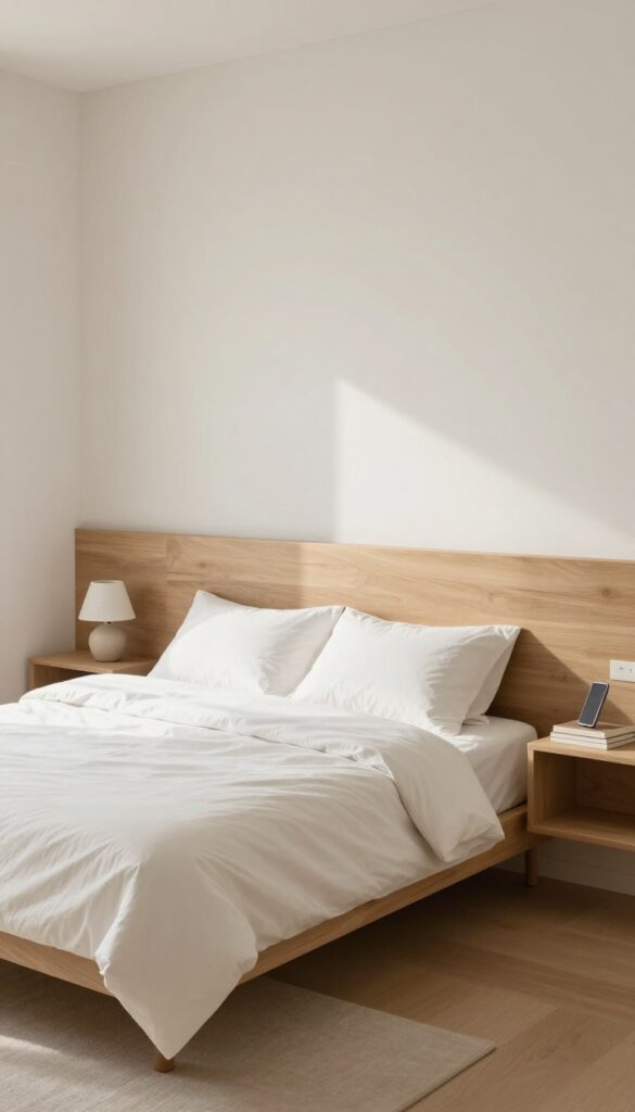 Small bedroom with floating shelves instead of nightstands, minimalist and calm design