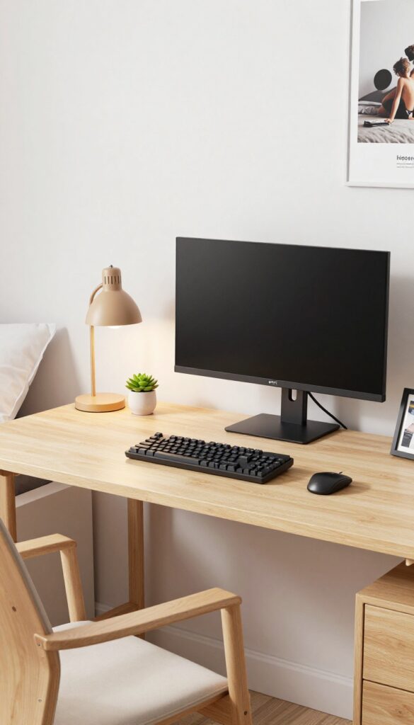 L-shaped desk with dual monitors in a bright gamer bedroom