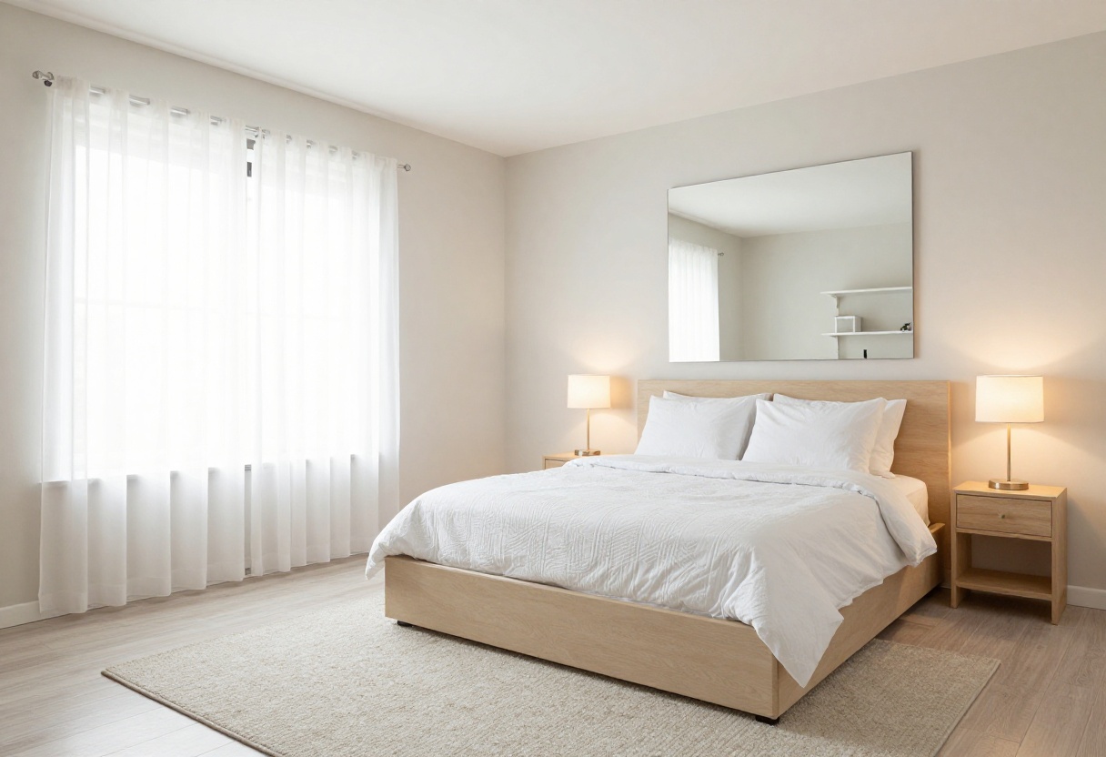 Small bedroom for couples with platform bed, nightstands, mirror, and open shelving