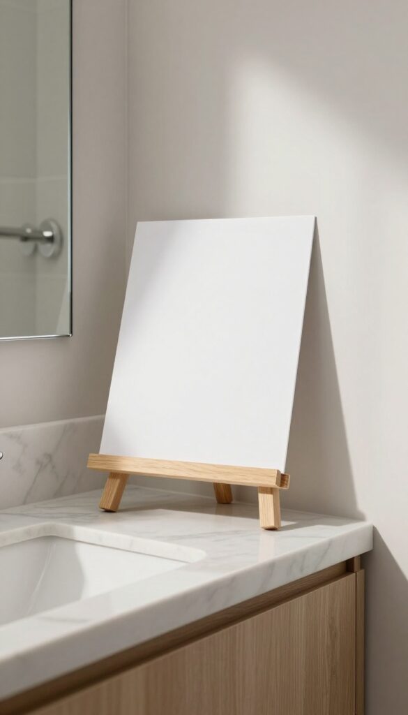 A bright guest bathroom with a welcome note on an easel on the marble countertop.