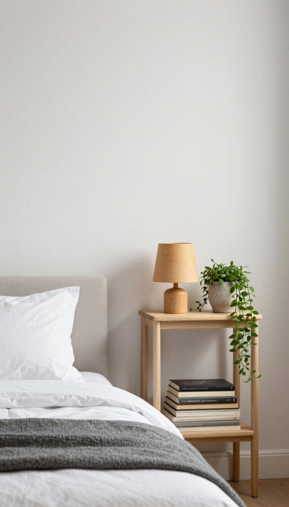 Small bedroom with narrow console table behind bed, featuring lamp, books, and plant.