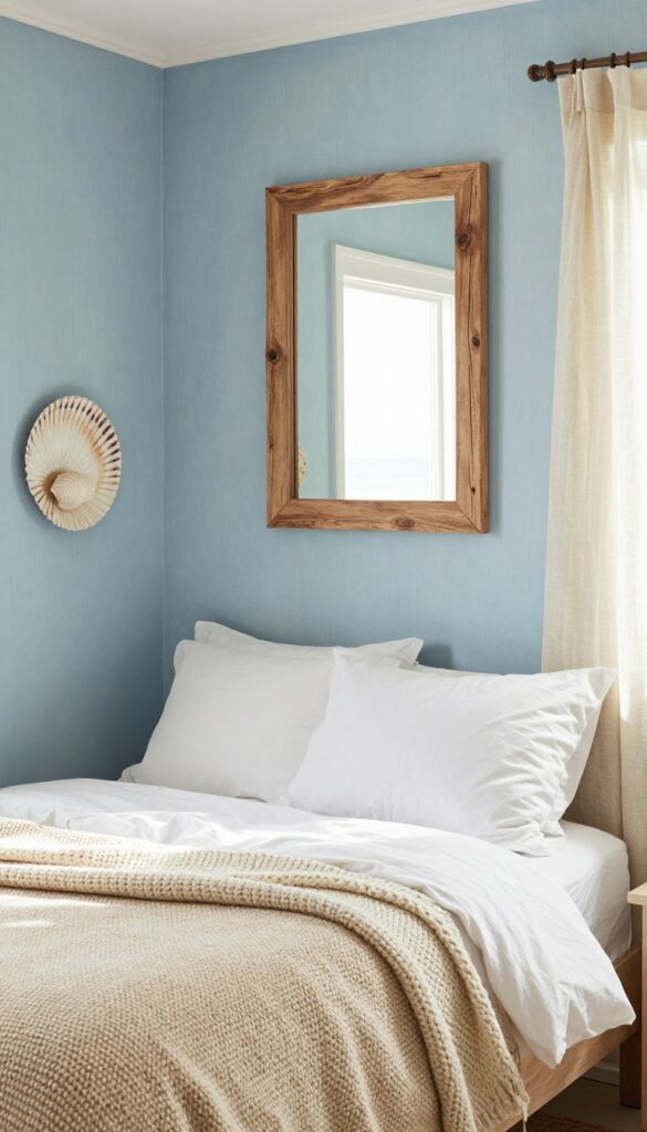 Coastal girl's bedroom with driftwood blues, creamy knits, jute rug, and linen curtains