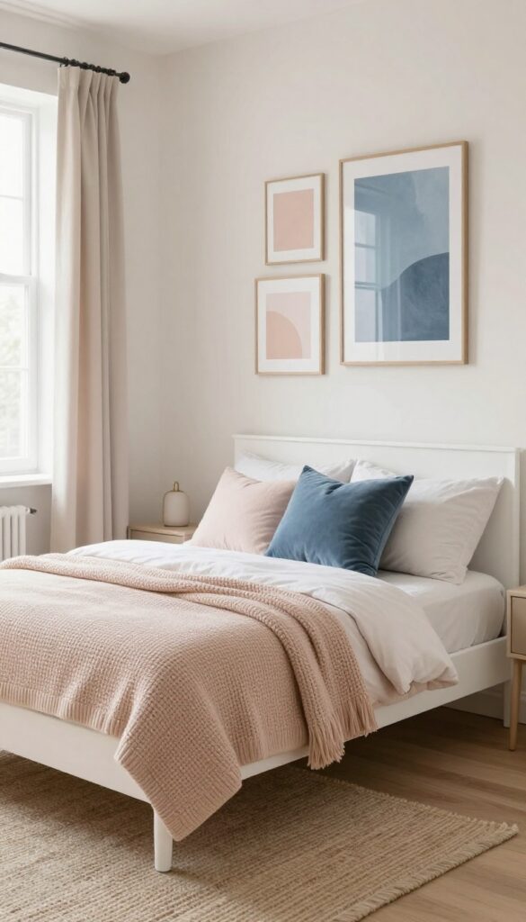 Cozy small bedroom with soft neutral palette and blush and dusty blue accent pillows and gallery wall