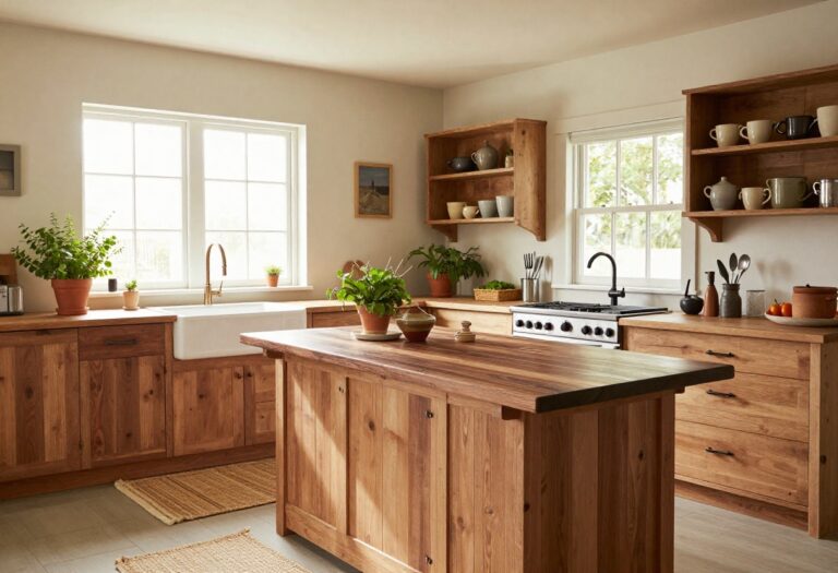 Cozy kitchen with a wooden butcher block island, open shelving, and natural light