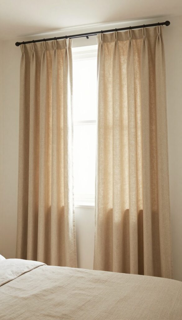 Cozy bedroom with TV wall framed by soft linen curtains creating a canopy nook