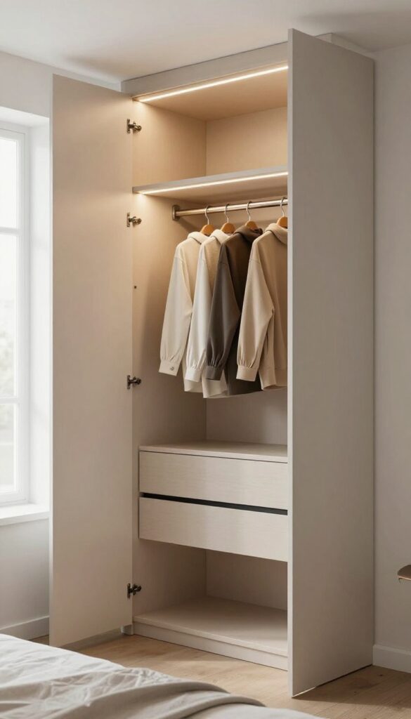 Small bedroom wardrobe with open sliding door and warm LED strip lighting inside, creating a cozy boutique feel.