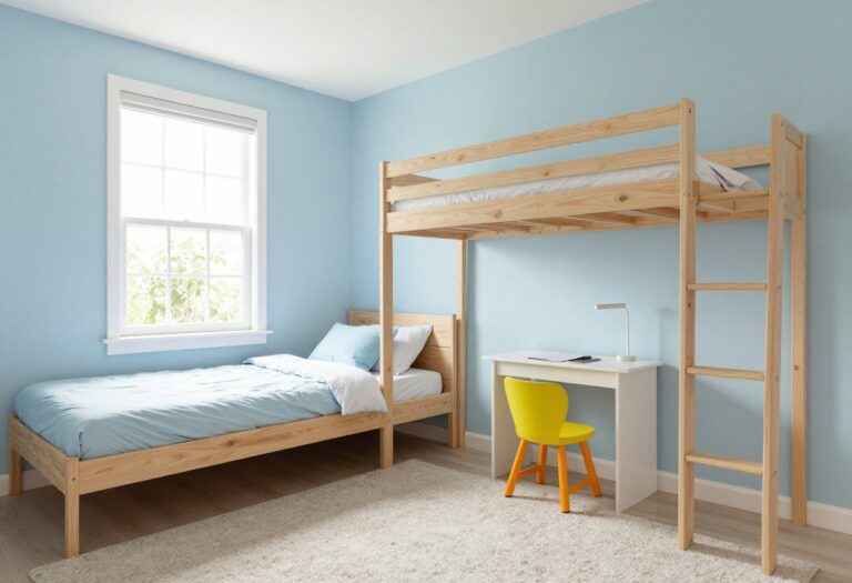 Small kids bedroom with loft bed and colorful storage